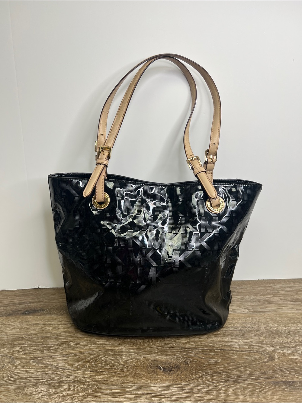 Michael Kors Black Patent MK Logo Tote Bag Tan Leather Straps Gold Hardware